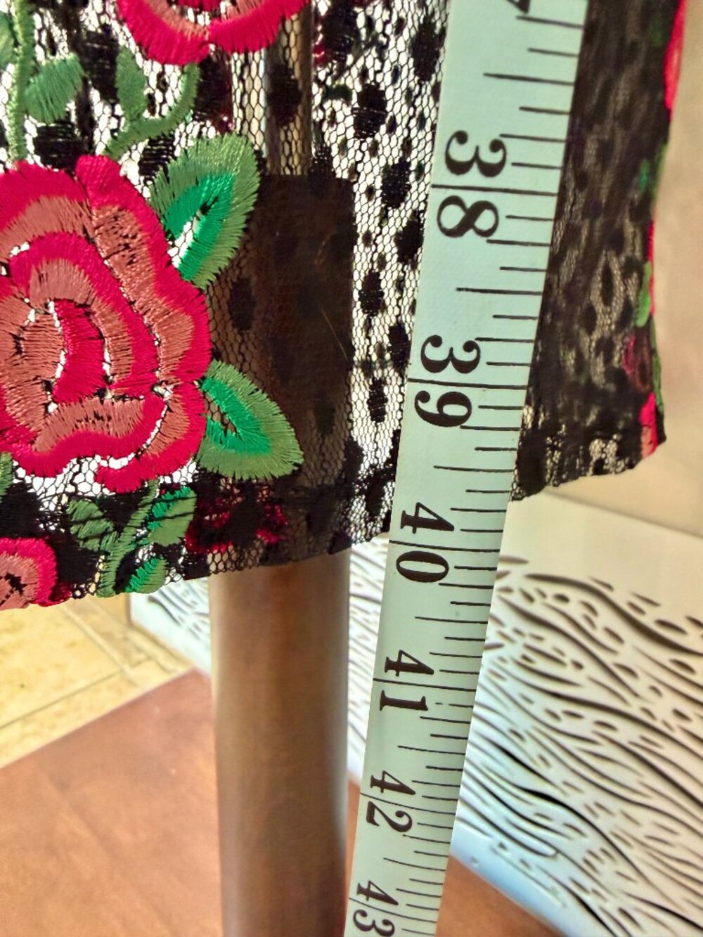 Bebe Midi Black Lace w/ Floral Pink Roses, Stretch, Bodycon, Spaghetti Straps, 2 - Picture 5 of 11